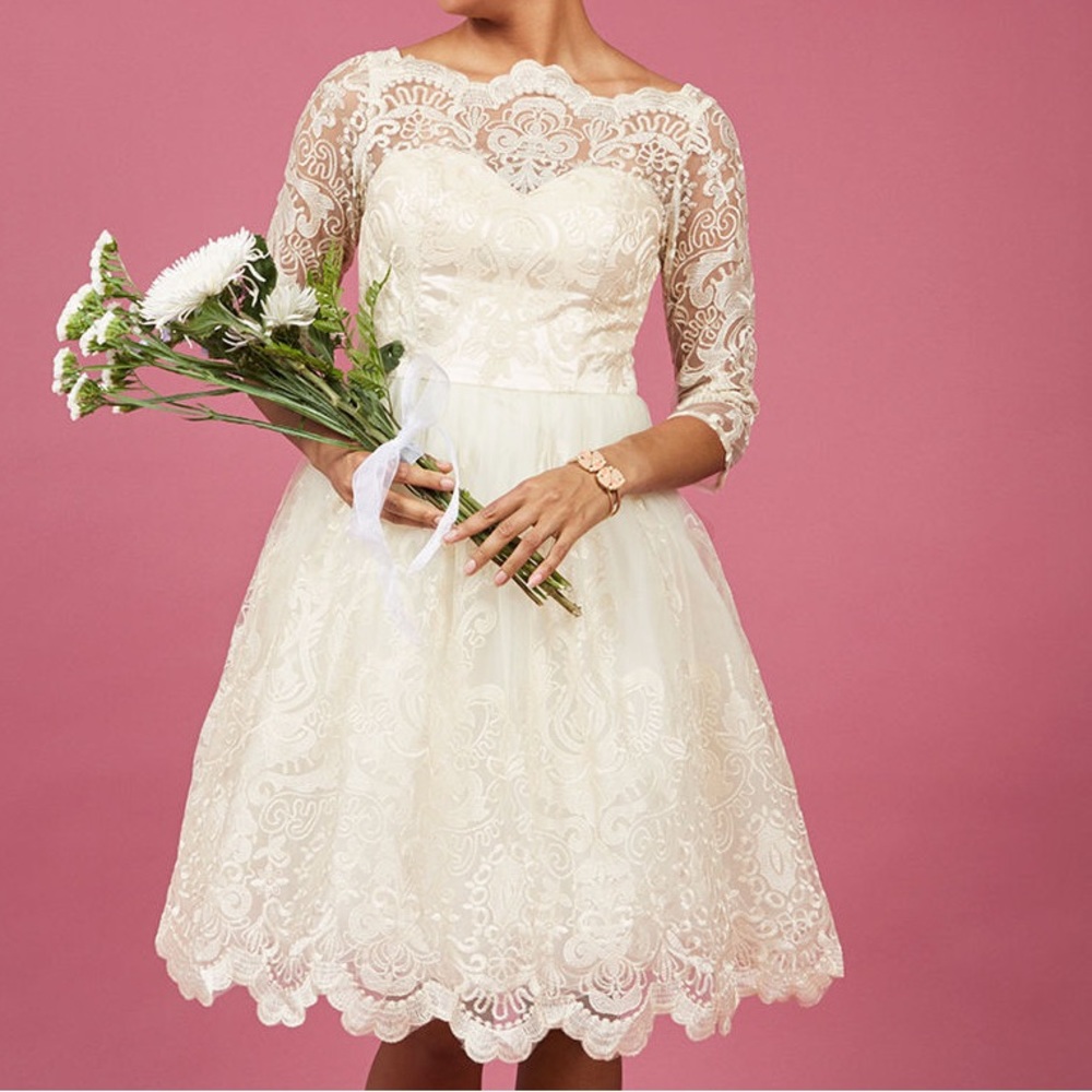 Modcloth Ivory Lace Tea-Length Wedding Dress with Three-Quarter Sleeves